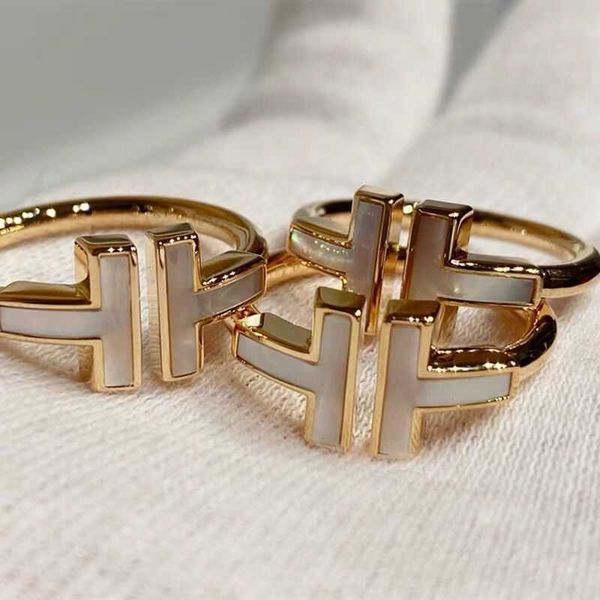 

high version tiffay double t ring 925 sterling silver plated 18k gold opening white fritillaria half diamond t-shaped inlaid hand jewelry wi