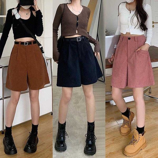 

corduroy shorts womens autumn retro high waist slimming loose straight casual, White;black