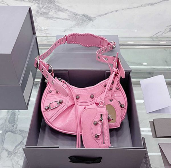 

cool girl crescent hobos bags handbag crossbody axillary bag pleated shoulder motorcycle rivet purse sheepskin genuine leather mirror