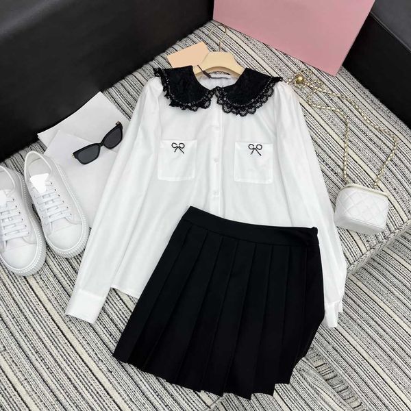 

summer two piece dress beaded bow decorative pocket stitching lace edge neckline white shirt match high-waisted pleated skirt two pieces wom