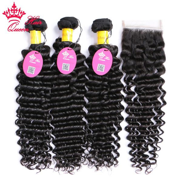 

100% human hair bundles with closure deep curly wave bundle with lace closure peruvian virgin raw hair extensions queen hair products ing, Black;brown
