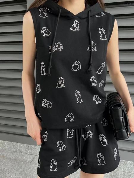 

women's two piece pants women hooded sweater hoodie shorts 2 pieces sleeveless cute pullovers rabbit printed sets young suits, White