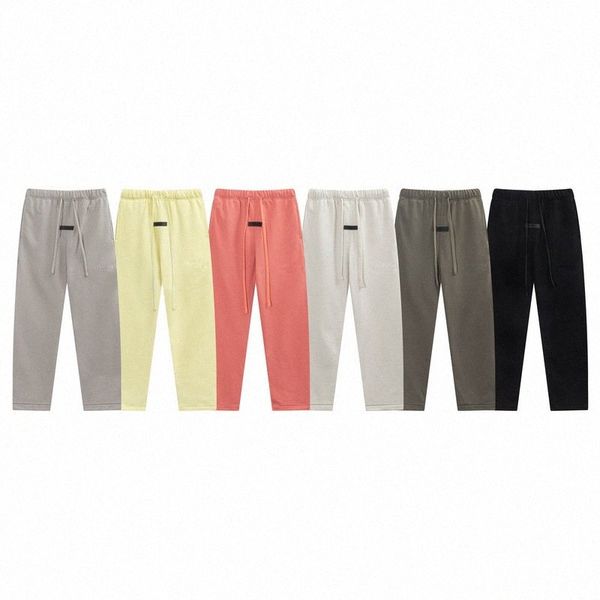 

essentials 24ss flocking logo terry trousers for men and women couples large size loose fog trousers t2k4#, Black