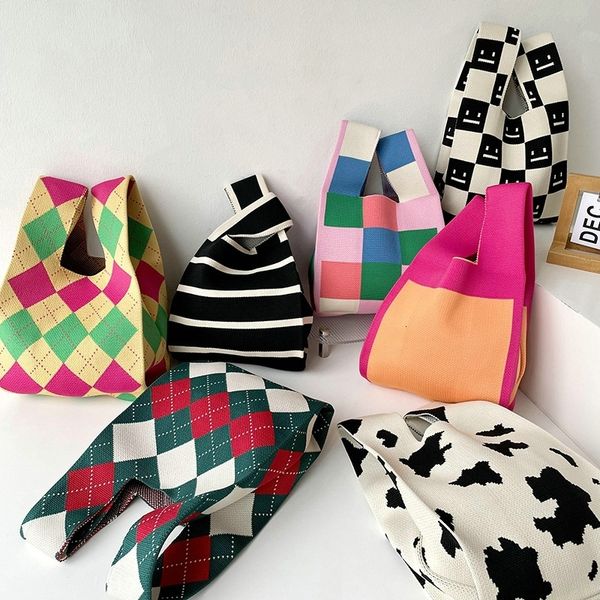 

evening bags knit handbag women wrist bag korean casual wide stripe plaid tote bag foldable eco shopping bag reusable grocery storage bag 23