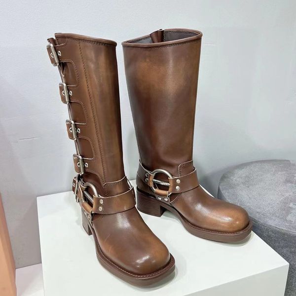 

miu tall boots women boots designer shoes y2k style brown leather biker boot round toe chunky heel martin bootss belt buckle trim original g
