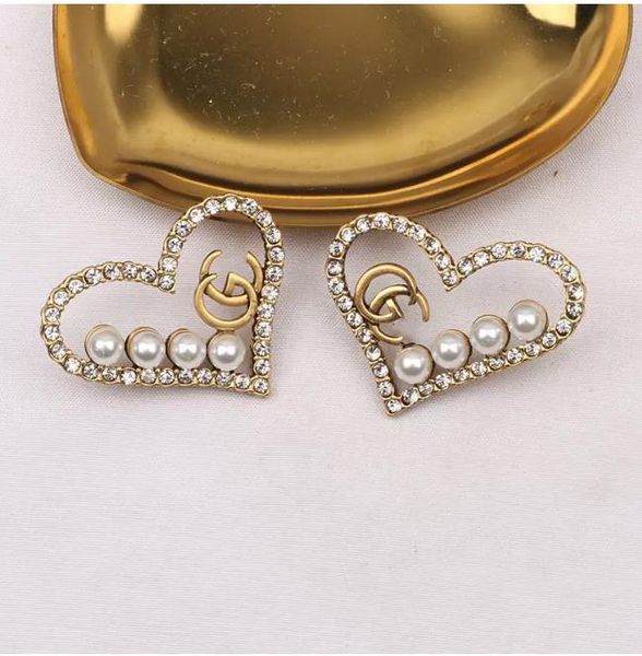

retro 18k gold plated luxury brand designers letters stud clip chain geometric famous women heart crystal rhinestone pearl earring wedding p, Golden;silver