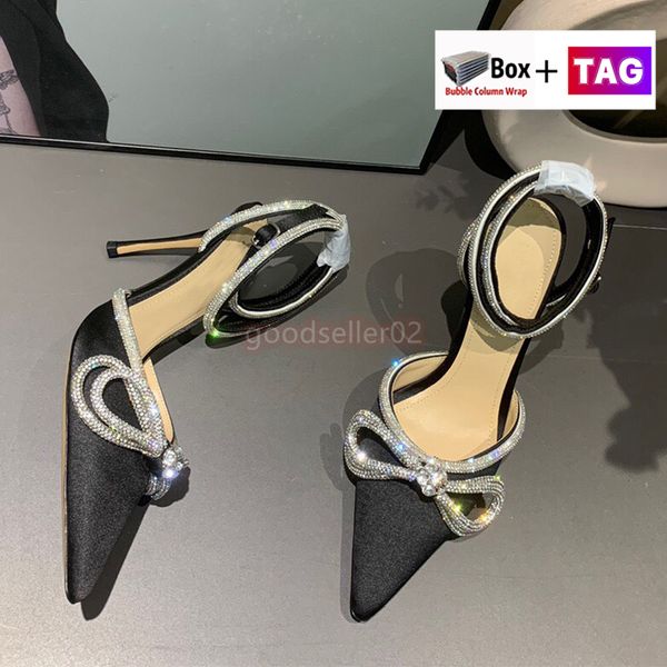 

with box womens dress shoes double bow crystal pumps designer silk satin sandals party outdoor slipper lady shoe size 35-39, Black