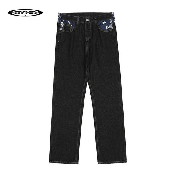

men's jeans waist cashew print letter pactchwork ripped jeans mens streetwear straight washed retro oversized casual denim pants y23, Blue