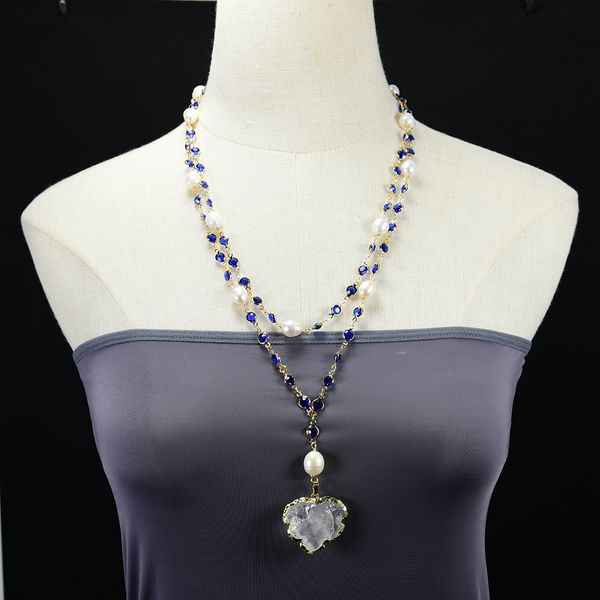 

beaded pendant 2 strands cultured white rice pearl blue crystal rosary chain necklace gold plated quartz leaf pendant for lady, Silver
