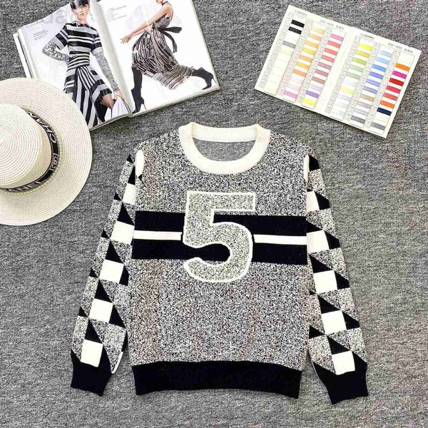 

casual dresses designer 22 autumn/winter new checkerboard contrast color long sleeve round neck knitted wool for women hk93, Black;gray