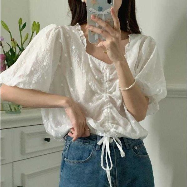 

womens korean style blouses embroidered polka dot short sleeved shirt summer, White