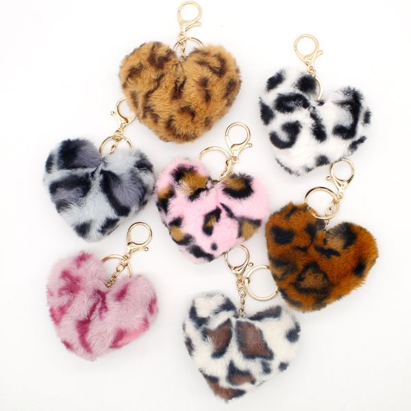 

multicolor leopard fur ball love keychain pendant peach heart girl car cellphone bag hanging plush keychains jewelry ladies, Silver