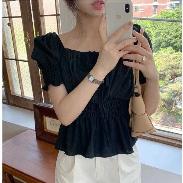 

sweet off shoulder shirt lace up elastic waist tightening solid color short, White