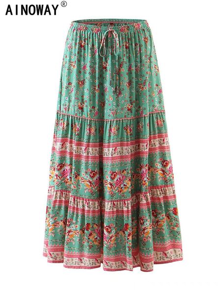 

skirts vintage chic women green floral print ethnic beach bohemian skirt ladies high elastic waist rayon cotton boho maxi skirts 230414, Black