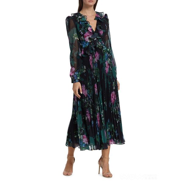 

fanncy dress floral printed v-neck slimming and pleated large hem dress, Black;gray