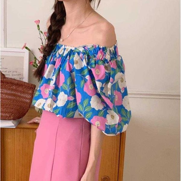 

korean style french shirts large flower white square collar short sleeve shirt