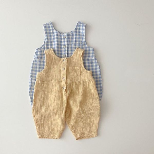 

overalls korean born infant baby romper organic cotton thin sleeveless strap jumpsuit toddlers plaid suspenders romper trousers 230414, Blue