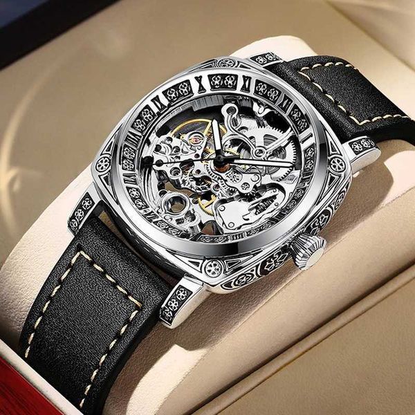 

luxury milles carved square men's mechanical watch ten brands of men's tortoise flywheel fully automatic hollow waterproof men&#03, Slivery;golden