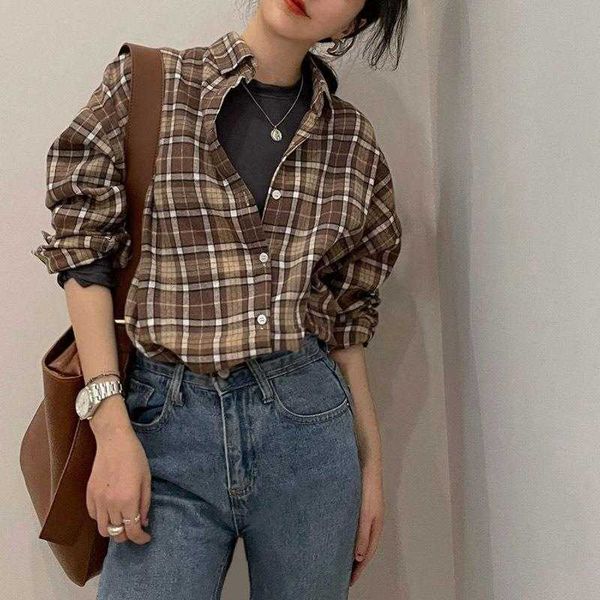 

retro coffee color brown plaid shirt female spring and autumn korean chic, White
