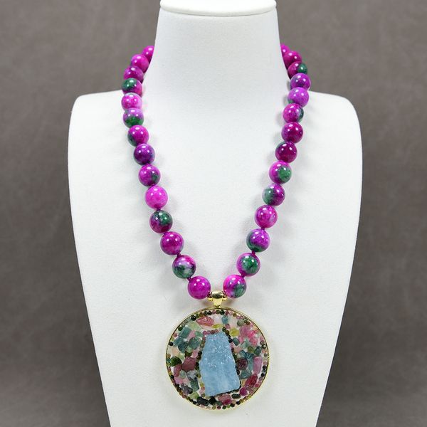 

beaded pendant mix color round jade necklace blue aquamarine rough tourmaline bead pendant statement necklaces for lady, Silver