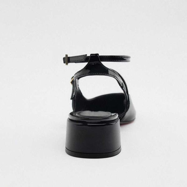 

nxy sandals womans patent leather flats shoes squared toe flat office lady block heel women ankle strap slingbacks 230406, Black