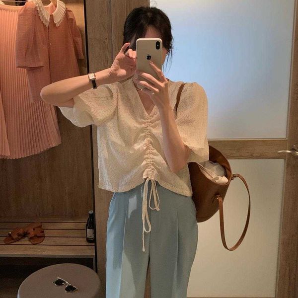 

polka dot v neck pleating short sleeved shirt for women summer gentle fairy, White