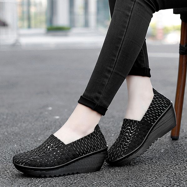 

dress shoes comemore breathable casual women loafers platform wedges autumn moccasin woven slip on nylon high heel pumps black 42 230414