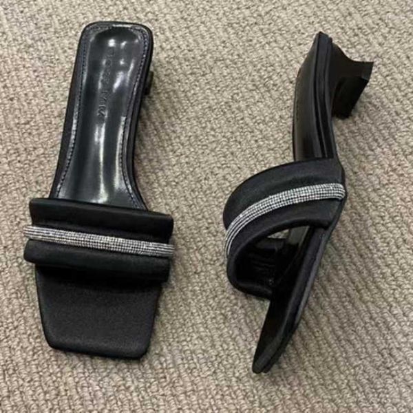 

slippers women's 2023 summer square toe outerwear fashion sequined low-heeled flip flops for women zapatos mujer, Black