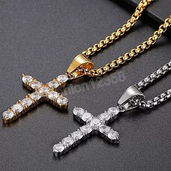 

chains luxury necklace gold plated stainless steel cz cross pendant for men women with 60cm box chain men's party choker jewellery, Silver