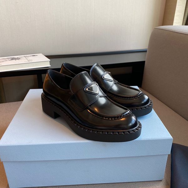 

women shoes luxury designer brand dress shoes metal triangle logo monolith brushed leather loafers platform heel round toe original box prad, Black