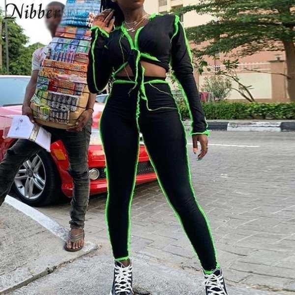 

women's two piece pants nibeer ribbed knitted v neck sport suit bandage women long sleeve outfits crop and t200821 1 aroe, White