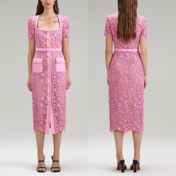 

fanncy dress square neck short sleeve lace hollow out gatered waist pink mid dress, Black;gray