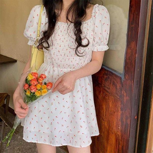 

summer fresh dresses wooden ear pleated smocking tight waist floral puff sleeve a, Black;gray