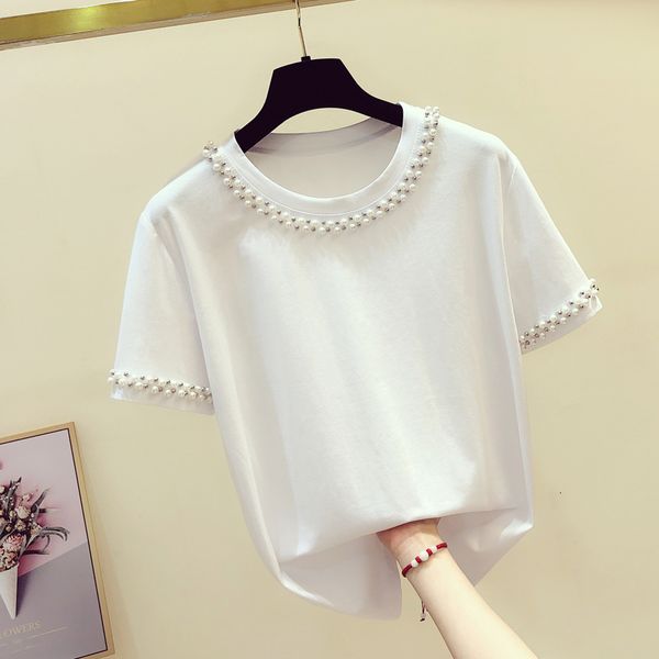 

women's t-shirt pearls beading o-neck cotton short sleeve t shirt women elegant white tee shirt femme korean fashion summer tshirt 230