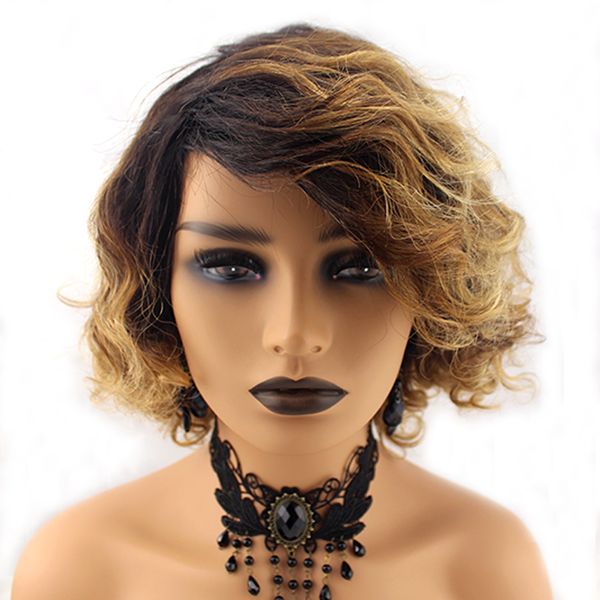 

honey blonde ombre 1b/27 blonde colored machine wig short wave human hair wigs brazilian remy hair, Black;brown