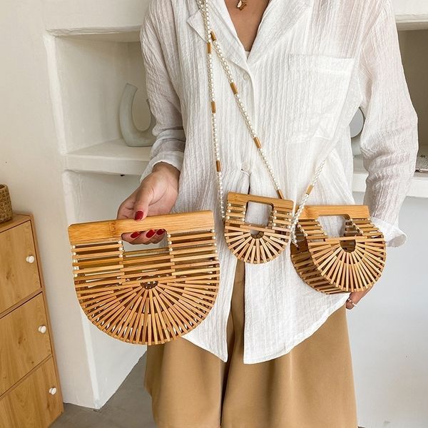

evening bags half moon wooden shoulder crossbody bags for women bamboo woven summer beach straw bag rattan small phone purse 230414