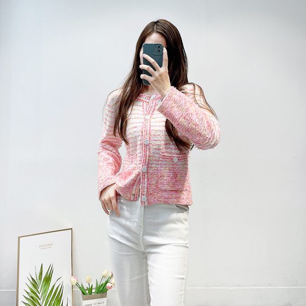 

women's jackets maje pink round neck striped jacquard knit cardigan, Black;brown