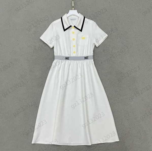 

womens dresses brand metal logo decorative pocket lapel short sleeve dress waist fold stitching letter webbing pull high waist line slimming, Black;gray