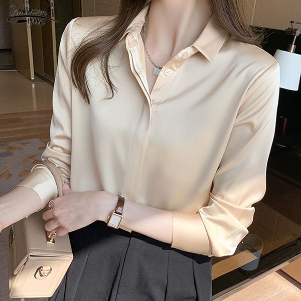 

women's blouses shirts spring turn-down collar office satin shirt blouses women long sleeve blouse casual chiffon blouse loose solid 1, White