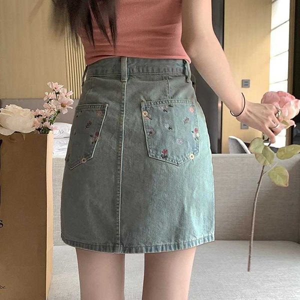 

light color fresh floral embroidered denim skirt summer design high waist, Black