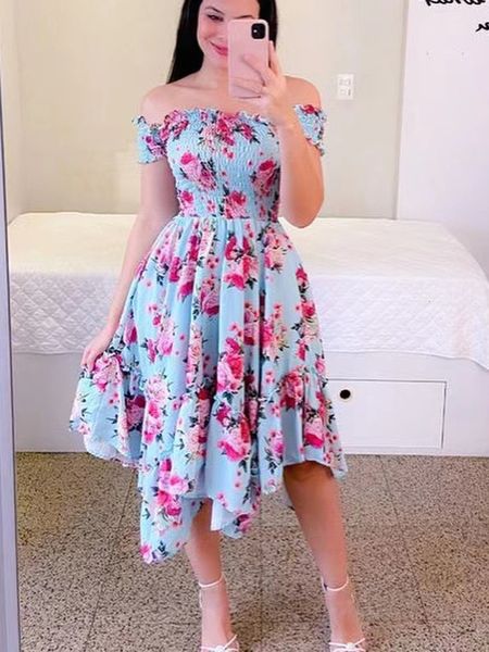 

casual dresses summer off shoulder short sleeve sweet butterfly rainbow floral print ruffles for women 230414, Black;gray