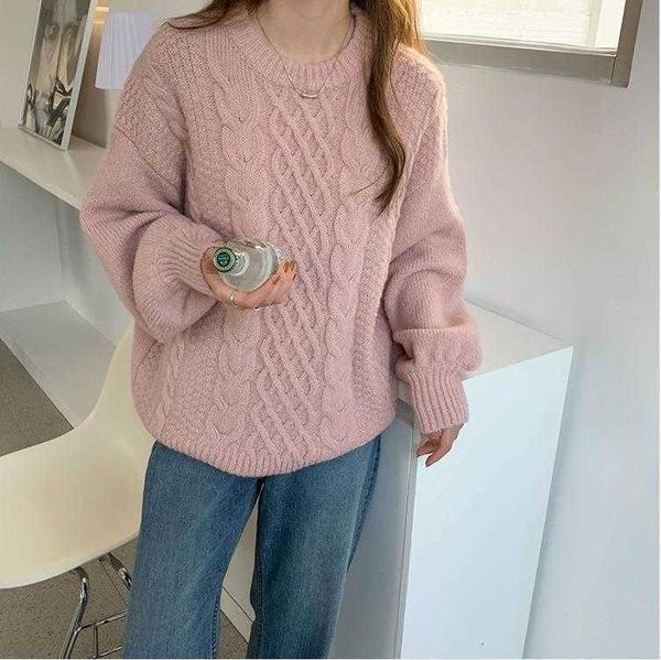 

retro crew neck cable knit sweater female autumn and winter lazy drop shoulder, White;black