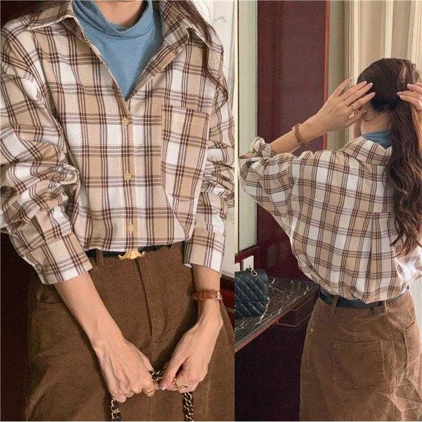 

womens korean blouses style contrast color check long sleeved shirt fall, White