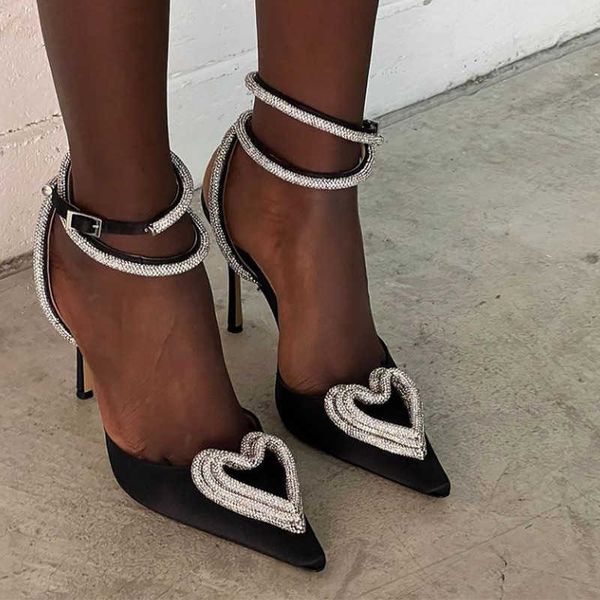 

sandals crystal love high heels women ladies pointed toe slingback summer ankle wrap buckle strap female pumps solid shoes 230406, Black