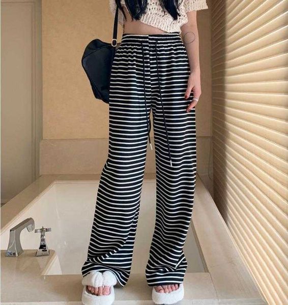 

spring tied elastic waist wide leg pants womens high drooping all matching, Black;white