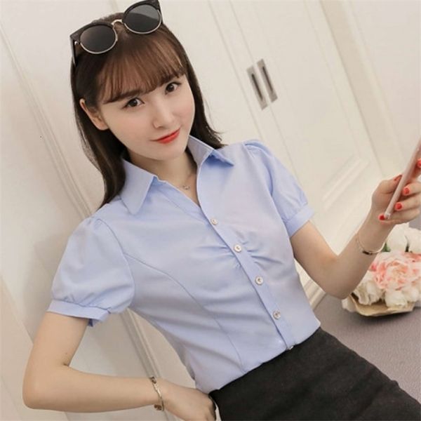 

women's blouses shirts large size 5xl summer women office lady formal party short sleeve slim collar blouse casual solid white shirt su