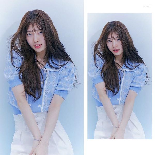 

women's blouses kpop iu seo yea ji blue lapel hollow short-sleeved knitted shirts women summer sweet double breasted cardigan, Black;gray