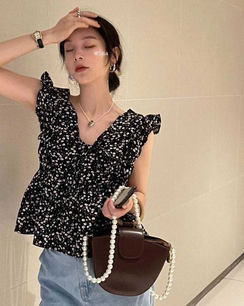 

french pastoral blouses style floral flying sleeves wooden ear baby shirt top, White