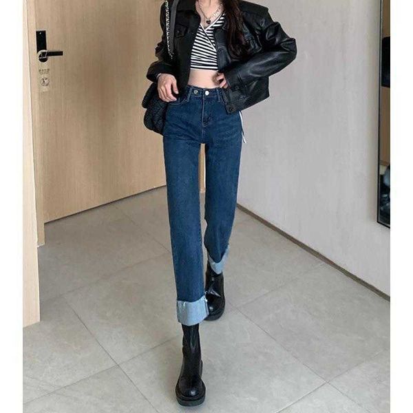 

womens korean style burrs leg curling jeans stretchy high waist slimming, Blue