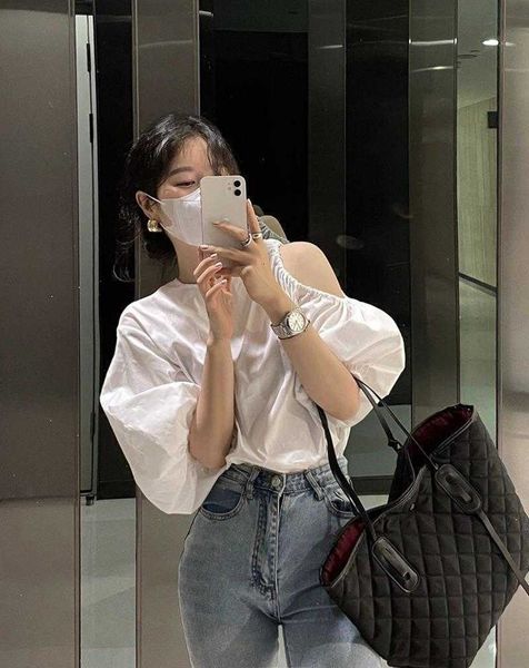 

korean chic womens blouses spring french hollow slant shoulder asymmetric, White